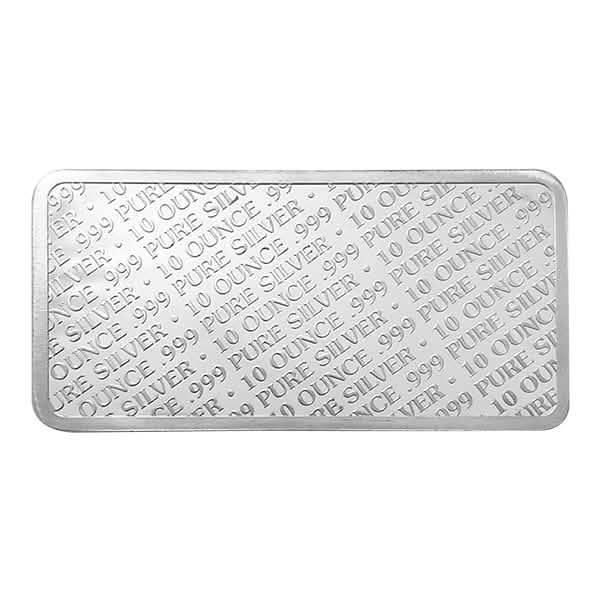 Reverse side of 10 oz Silver Buffalo Bar from Highland Mint, featuring a repeating diagonal pattern engraved with '10 OUNCE .999 PURE SILVER