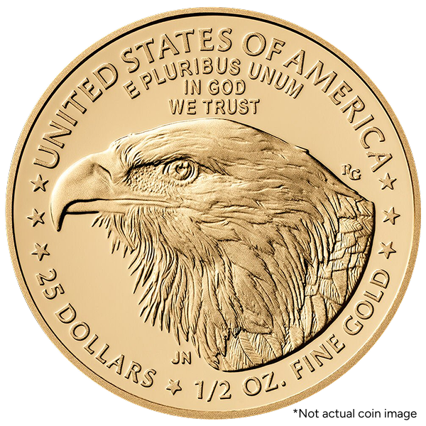 1/2 oz fine gold American Eagle coin with detailed eagle head design, $25 denomination, and inscriptions including 'In God We Trust' and 'United States of America.