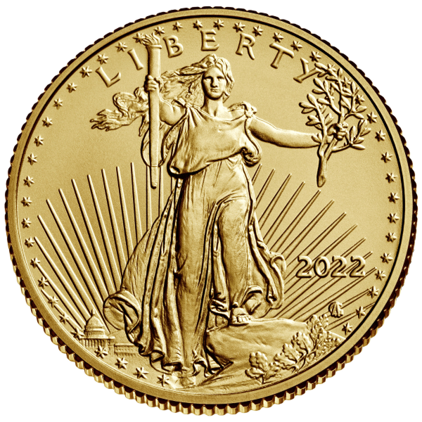 2022 American Gold Eagle coin featuring Lady Liberty holding a torch and olive branch, with sun rays, the U.S. Capitol, and stars in the background.