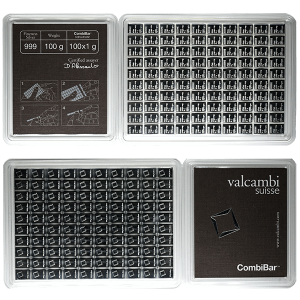 100 GRAM VALCAMBI SILVER BAR COMBI Obverse