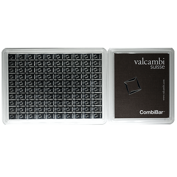 Valcambi Suisse CombiBar with 100 detachable 1g silver bars, displayed in a sealed plastic case with branded label.