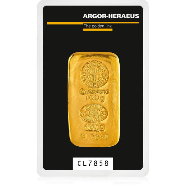 100 GRAM GOLD CAST BAR ARGOR-HERAEUS - Obverse