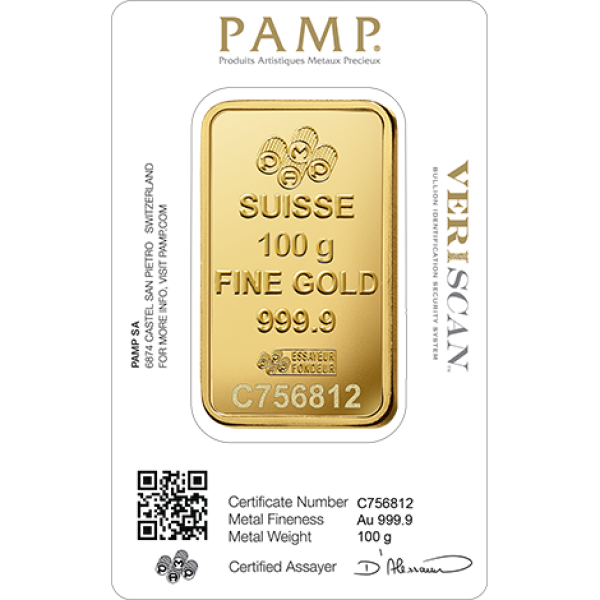 100 GRAM GOLD BAR PAMP FORTUNA - Reverse