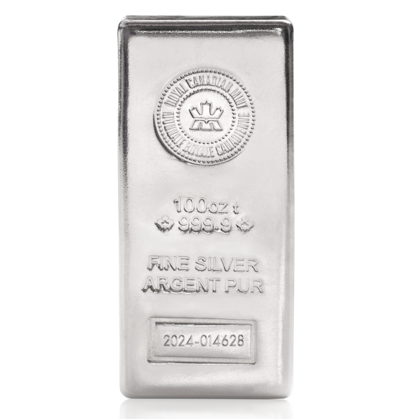 2024 Royal Canadian Mint 100 oz Silver Bar – .9999 Fine Silver Bullion with RCM Logo, Serial Number, and Cast Finish
