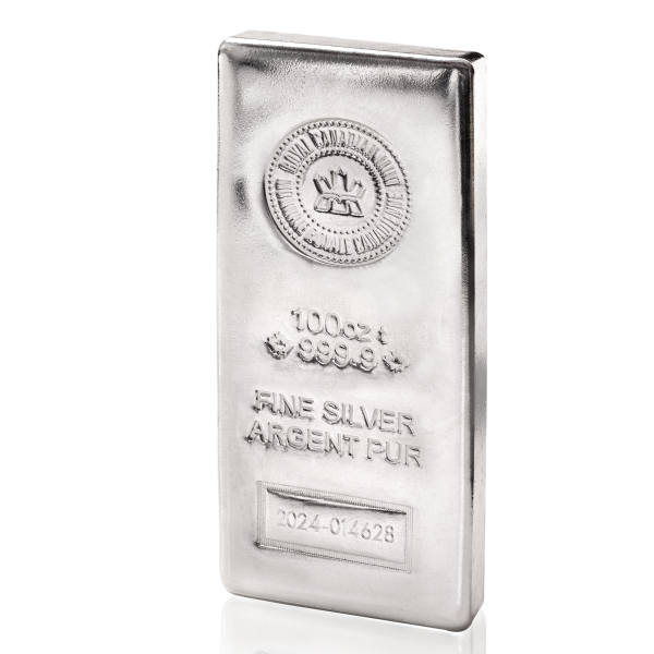 Royal Canadian Mint 100 oz Silver Bar 2024 – .9999 Fine Silver Bullion with RCM Logo, Serial Number, and Angled Cast Finish