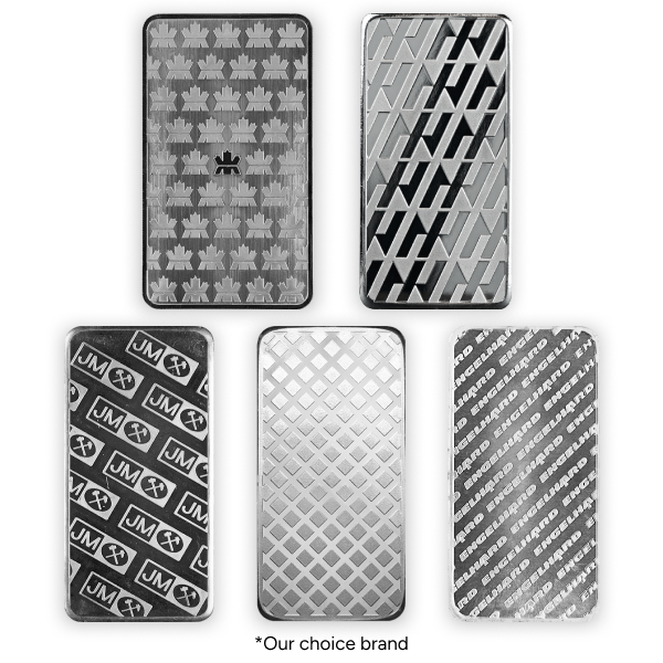 Five assorted 10 oz silver bars with unique back designs from various mints, including JM, Engelhard, and others. Caption reads: *Our choice brand.