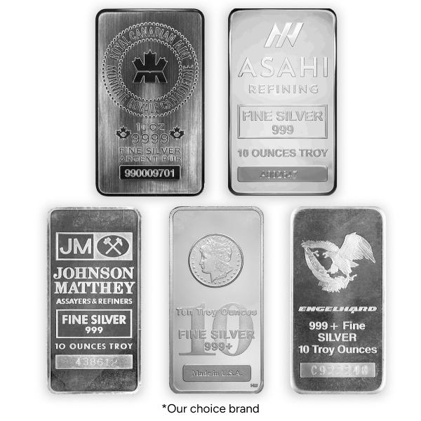 Five assorted 10 oz silver bars from brands like Johnson Matthey, Asahi, Engelhard, and more. Each bar is stamped with weight, purity, and branding.