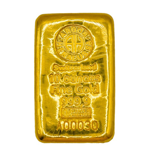 10 OZ GOLD CAST BAR ARGOR-HERAEUS - Obverse
