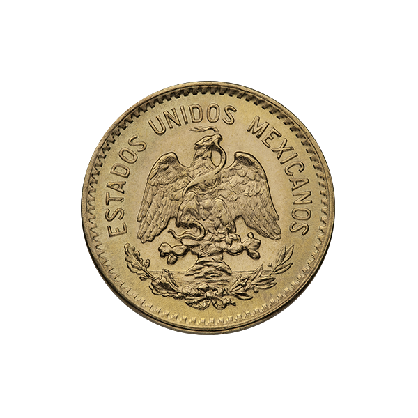 10 Peso Mexican Gold Coin featuring the Mexican national emblem of an eagle perched on a cactus with a snake in its beak and talon, inscribed with 'Estados Unidos Mexicanos