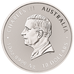 2024 10 oz Australian Silver Emu Piedfort coin showing King Charles III portrait, 9999 silver, and $10 denomination