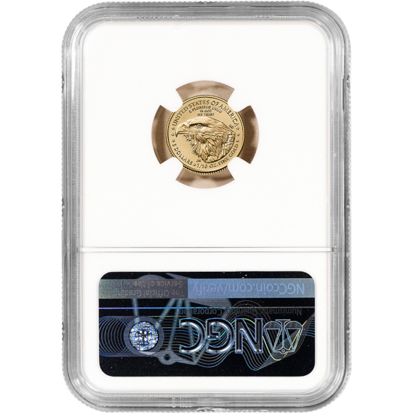 Reverse of 2025 $5 American Gold Eagle coin in NGC holder, featuring a detailed eagle head design