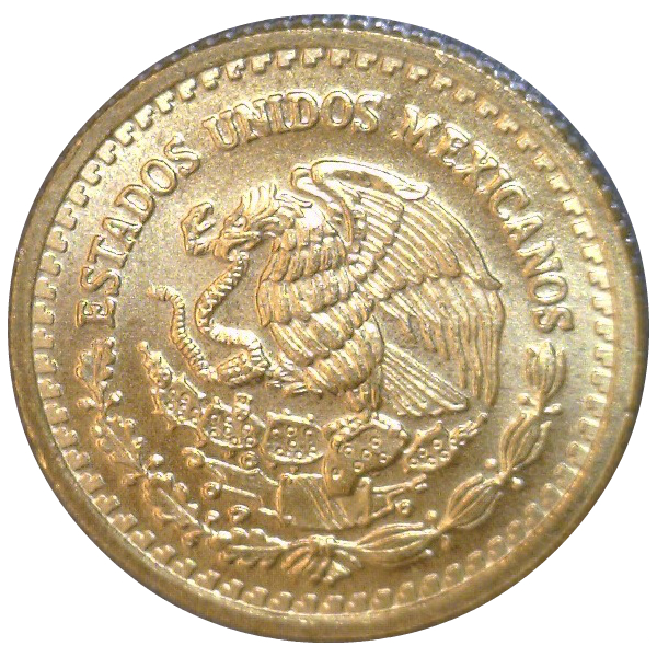 Mexican coin featuring the national emblem: an eagle perched on a cactus with a snake.