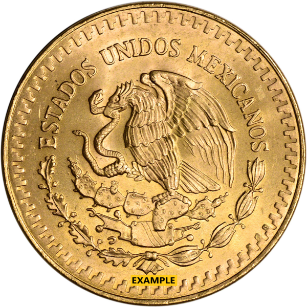 1/2 oz Mexican Onza gold coin with eagle on cactus holding snake, wreath, and “Estados Unidos Mexicanos” 