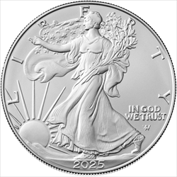 2025 American Silver Eagle coin featuring Walking Liberty design with sun rays and “In God We Trust,” ideal for collectors and silver bullion investors.