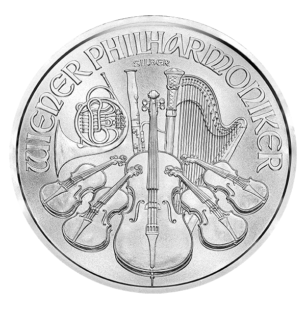 Austrian Silver Philharmonic coin featuring orchestral instruments and the text 'WIENER PHILHARMONIKER SILBER'.