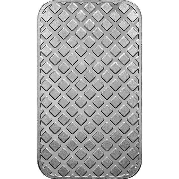Reverse side of a silver bullion bar featuring a repeating diamond pattern design with rounded corners.
