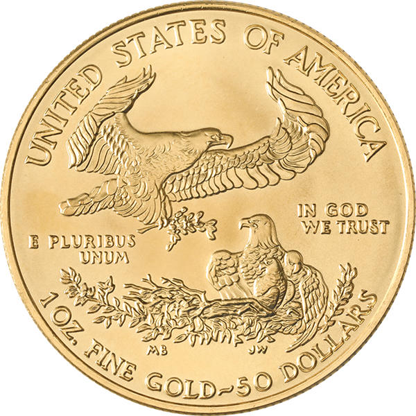 1 oz American Gold Eagle with male eagle bringing olive branch to nest, “United States of America,” and “1 oz Fine Gold – 50 Dollars.”