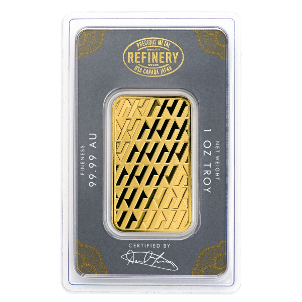 Gold bar in sealed packaging labeled "REFINERY" with a repeating "H" pattern on the gold surface. Marked as 99.99 AU fineness and 1 oz troy weight. Certified with signature.