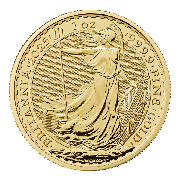 Gold coin featuring Britannia holding a trident and shield, with inscription "BRITANNIA 2025 1oz 999.9 FINE GOLD".