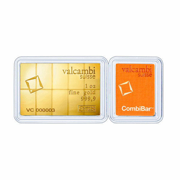 Valcambi Suisse gold CombiBar in display case. Marked "1 oz fine gold 999,9" with orange Valcambi branding card.