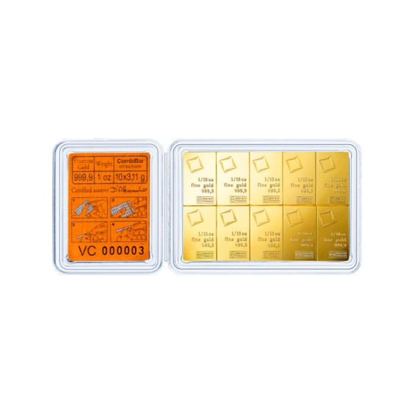 Back view of Valcambi Suisse CombiBar. Shows 10 detachable 1/10 oz gold segments marked "1/10 oz fine gold 999,9". Instructional label on the left.