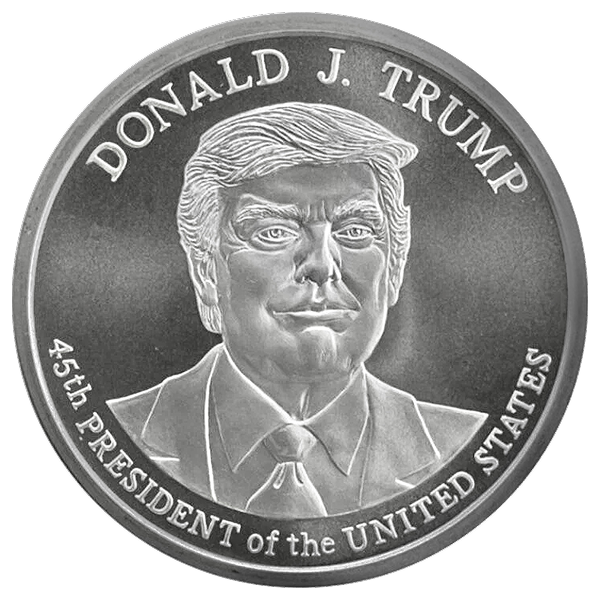 1 oz silver round featuring a portrait of the president with text: "45th President of the United States."