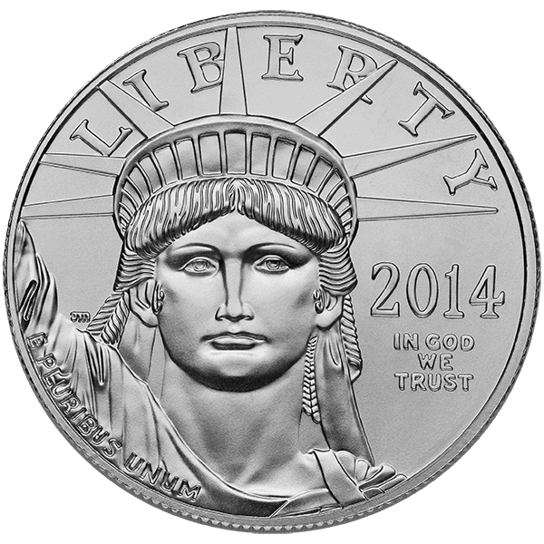 2014 American Platinum Eagle coin obverse, featuring Statue of Liberty, "LIBERTY," "IN GOD WE TRUST," and "E PLURIBUS UNUM."