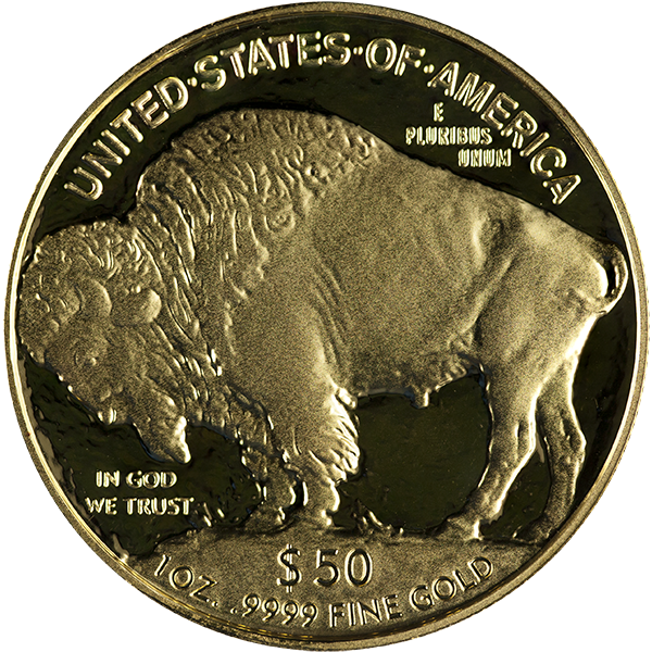 2025 1 oz American Gold Buffalo coin reverse, featuring a buffalo, "$50" face value, and ".9999 FINE GOLD" purity designation.