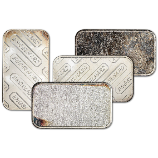 Reverse of assorted 1 oz Engelhard silver bars with diagonal Engelhard logo pattern and varying toning