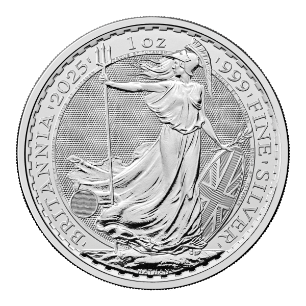 2025 1 oz Britannia Silver Coin with Lady Britannia holding trident and Union Jack shield.