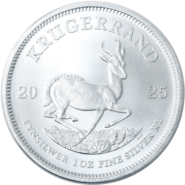 2025 South African Krugerrand coin with springbok antelope and text 'FYNSILWER 1 OZ FINE SILVER R1' at bottom.