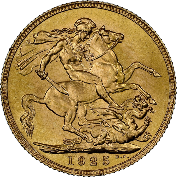 1925 British gold coin reverse showing St. George on horseback slaying a dragon, with date and initials 'B.P.' below