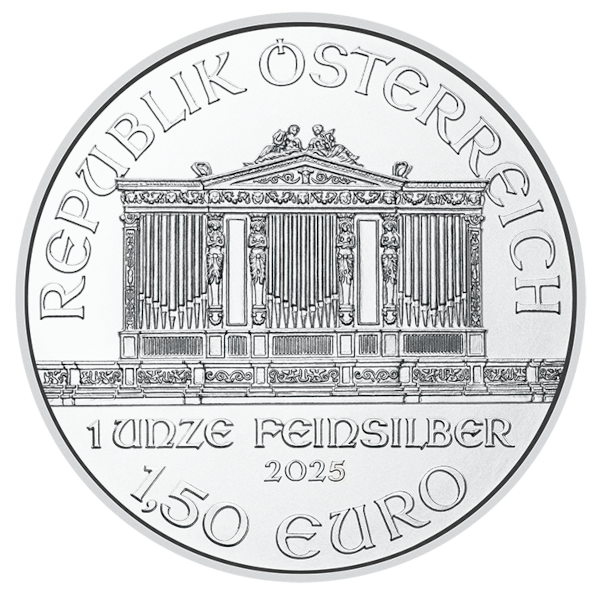 2025 Austrian silver coin with Great Organ of Musikverein and text 'REPUBLIK ÖSTERREICH 1 UNZE FEINSILBER 1,50 EURO