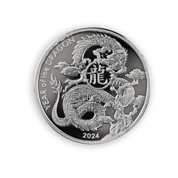 2024 Year of the Dragon silver round featuring a detailed dragon design wrapped around a tree with Chinese symbol at center, part of the Lunar Calendar Series.