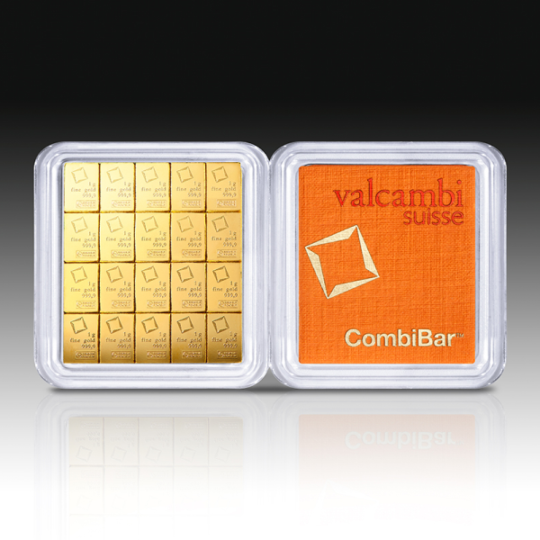 Valcambi Suisse 20g CombiBar with 20 detachable 1g fine gold bars, secured in orange assay packaging labeled CombiBar.