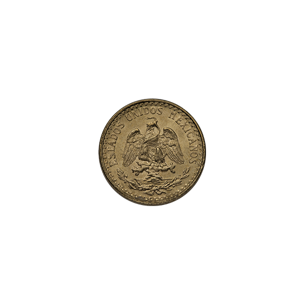 Mexican gold coin with eagle perched on cactus devouring snake, surrounded by 'Estados Unidos Mexicanos' text