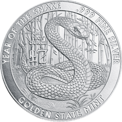 silver coin from golden state mint featuring coiled snake with bamboo background inscribed year of the snake and 999 fine silver
