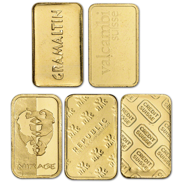 collection of five gold bars showing back designs from brands like gramatlin valcambi mirage republic metals corporation and credit suisse