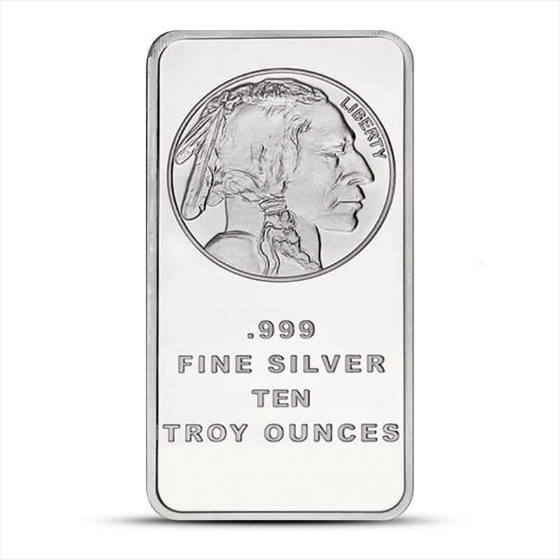 Ten troy ounce .999 fine silver bar featuring Buffalo Nickel design, ideal for bullion investors and collectors seeking high-purity silver