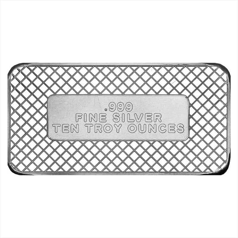 Ten troy ounce .999 fine silver bar with crisscross pattern design, ideal for bullion investment and precious metal collection