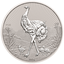 2024 silver coin featuring an emu with three chicks in a natural landscape with sun rays in the background