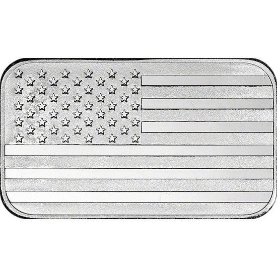 silver rectangular bar featuring the design of the united states flag with stars and stripes engraved across the surface
