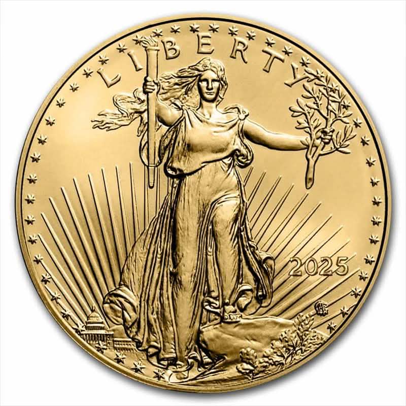 2025 gold coin featuring lady liberty holding torch and olive branch with sun rays and capitol building in background surrounded by stars