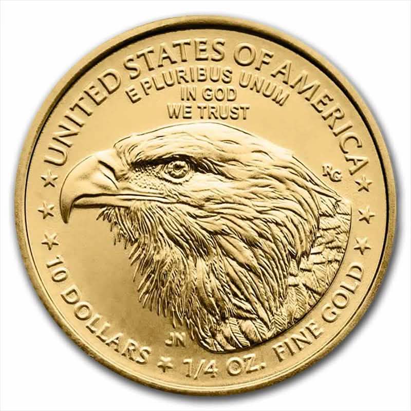 united states gold coin featuring detailed bald eagle head with inscriptions e pluribus unum in god we trust 10 dollars and 1 4 oz fine gold
