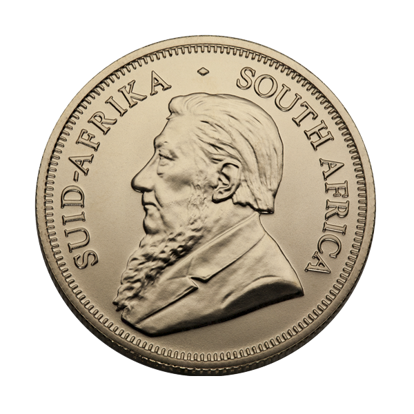South Africa 1/10 oz Gold Krugerrand coin showing Paul Kruger’s portrait (front) and springbok antelope on back.