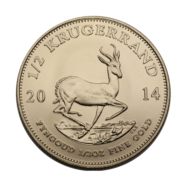 Half‑ounce Krugerrand gold coin showing Paul Kruger on obverse and springbok antelope on reverse, South African bullion.