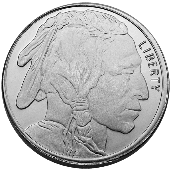 Silver round featuring the profile of a Native American in traditional headdress with the word 'Liberty' inscribed on the right side.