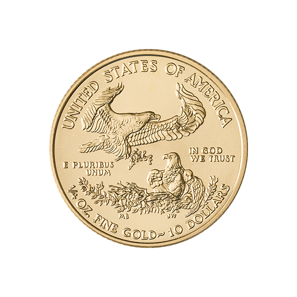 reverse side of american gold eagle coin featuring eagle landing in nest with inscriptions united states of america e pluribus unum in god we trust 1 4 oz fine gold 10 dollars