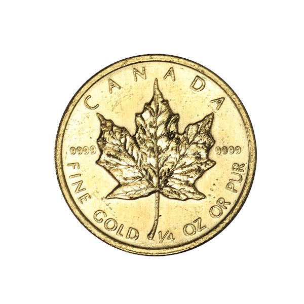 Canadian 1/4 oz gold Maple Leaf coin featuring detailed maple leaf design, .9999 fine gold purity, and inscriptions in English and French