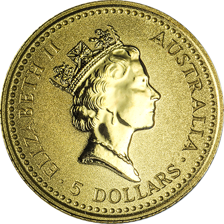 Australian 5 dollar gold coin featuring Queen Elizabeth II profile, with inscriptions “Elizabeth II,” “Australia,” and “5 Dollars.”
